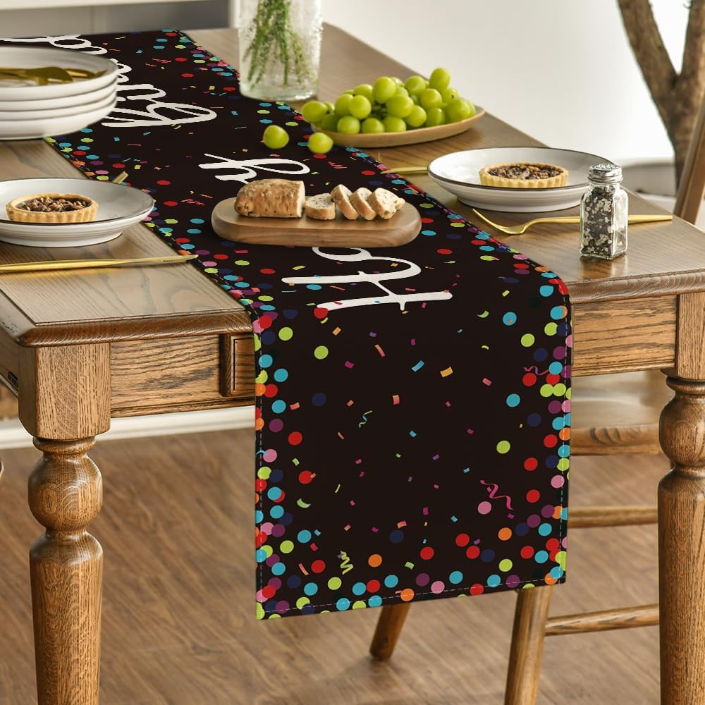 Artoid Mode Polka Dot Black Happy Birthday Table Runner, Seasonal Kitchen Dining Table Decoration for Home Party Decor 13x72 Inch